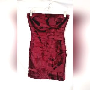 bebe strapless satin mini dress, burgundy, ruffles, satin lining, zipper, XXS